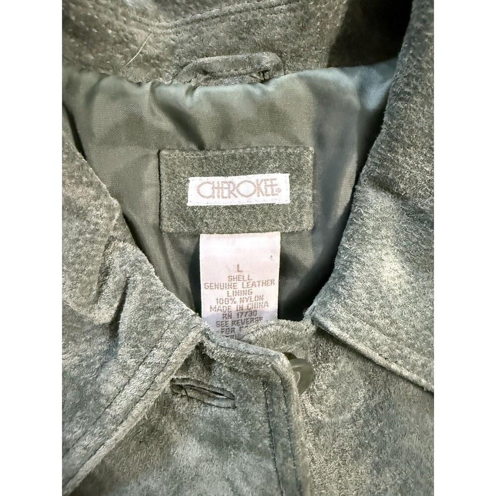Vintage 90s Cherokee Sage Green Suede Leather Jacket Coat Men's Large Olive - Picture 3 of 5